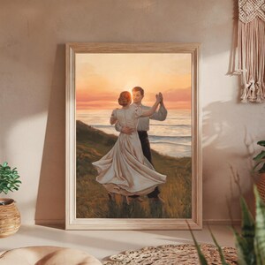 Pu&ograve; includere: Un dipinto che ritrae una coppia che balla su una scogliera con vista sull'oceano al tramonto. La donna indossa un abito bianco e l'uomo indossa una camicia azzurra e pantaloni scuri. Il cielo &egrave; di un arancione e rosa vibrante.