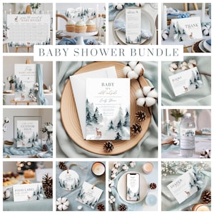 May include: A baby shower bundle with a woodland theme. The bundle includes invitations, thank you cards, food labels, a custom sign, a menu, a diaper raffle ticket, and decorations. The design features a watercolour illustration of a snowy forest with a deer.