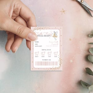 May include: A pink and gold tooth fairy receipt with a cartoon fairy illustration. The receipt includes the name "Emma Smith", age "6 years old", date lost "02/01/2005", and a payment amount of "105".