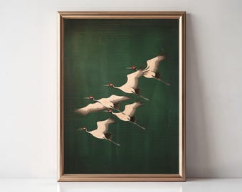 Impresión de grulla japonesa, arte mural verde esmeralda, impresión de pájaro vintage, arte maximalista, decoración de pared japandi, decoración verde antigua, regalo de obra de arte de pájaro