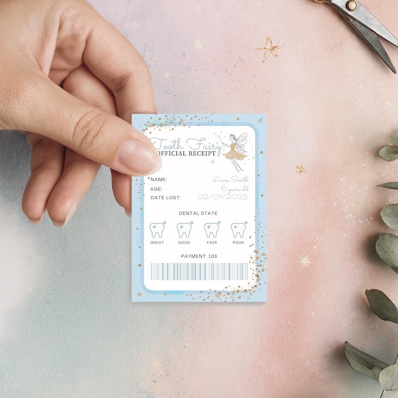 May include: A light blue Tooth Fairy official receipt with gold glitter detailing. The receipt features fields for name, age, and date lost, a dental state chart, and a payment amount. A small fairy illustration is also included.