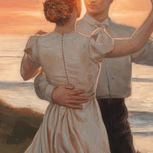 Pu&ograve; includere: Una coppia balla su una spiaggia al tramonto. La donna indossa un abito bianco e l'uomo indossa una camicia bianca e pantaloni scuri. La coppia &egrave; in silhouette contro il cielo arancione e rosa.