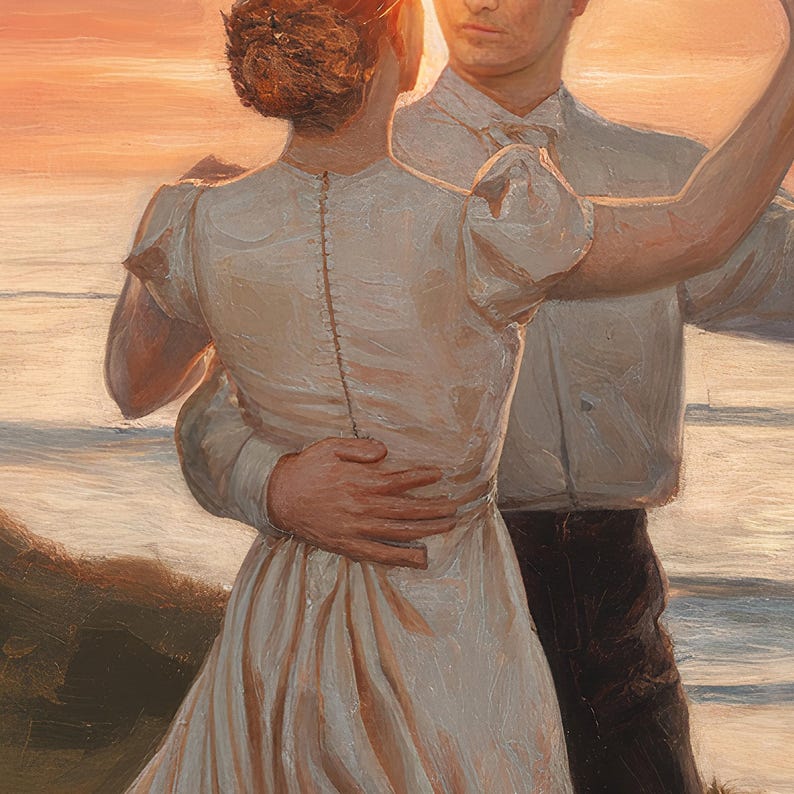 Pu&ograve; includere: Una coppia balla su una spiaggia al tramonto. La donna indossa un abito bianco e l'uomo indossa una camicia bianca e pantaloni scuri. La coppia &egrave; in silhouette contro il cielo arancione e rosa.
