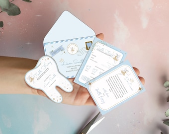 Printable Tooth Fairy Kit Blue, Mini Tooth Fairy Letter Set with Envelope, Certificate, Receipt and Fairy Letter, Fully Editable Templates