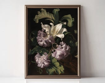 Moody Lily and Purple Floral Print, Vintage Dark Botanical Wall Art, Dark Academia Aesthetic Decor, Farmhouse Wall Art, Printable Wall Art