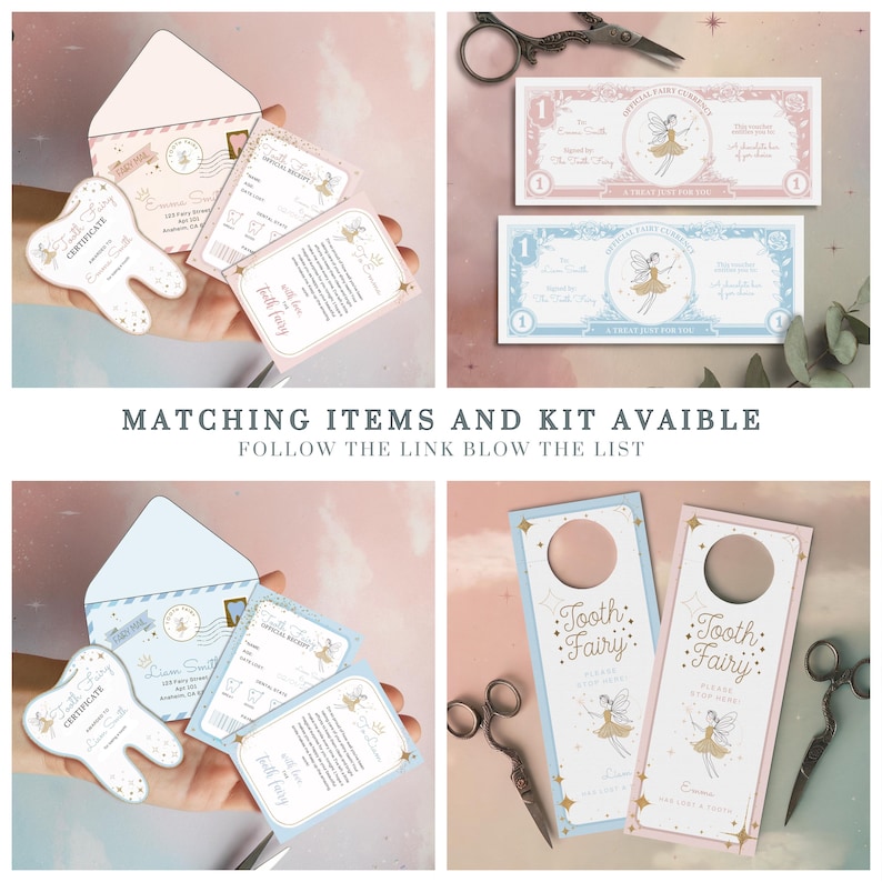 May include: A selection of Tooth Fairy themed items, including certificates, receipts, envelopes, door hangers, and currency. The items feature a fairy illustration and are in pastel pink and blue colours. Scissors are also included.