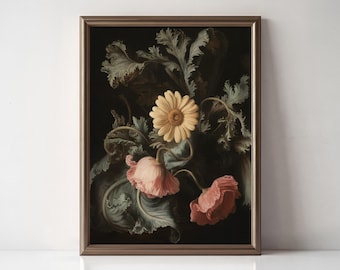 Moody Daisy and Poppy Floral Print, Vintage Dark Floral Wall Art, Victorian Botanical Decor, Farmhouse Wall Art, Dark Academia Aesthetic