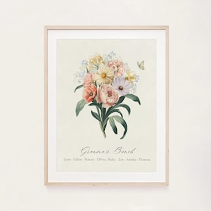 Custom Family Bouquet Print, Grandma&#39;s Garden Birth Flower, Birth Month Flowers Gift for Nana Grandchildren Names Personalized Mother&#39;s Gift