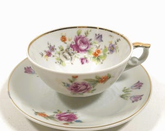 Vintage Floral Teacup & Saucer Made in Occupied Japan Pink Roses Wildflowers Gold Trim
