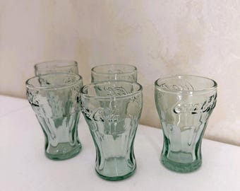 Juego de 5 mini vasos de chupito de Coca Cola Contour verdes de cristal vintage de Indiana Glass