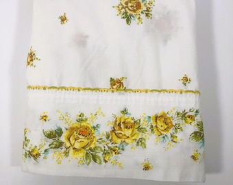 Sábana plana vintage Springmaid Yellow Roses con ribete de ojales Marvelaire MCM, años 70