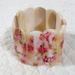 Vintage Abalone Shell Mother of Pearl Pink Floral Stretch Cuff Bracelet Chunky