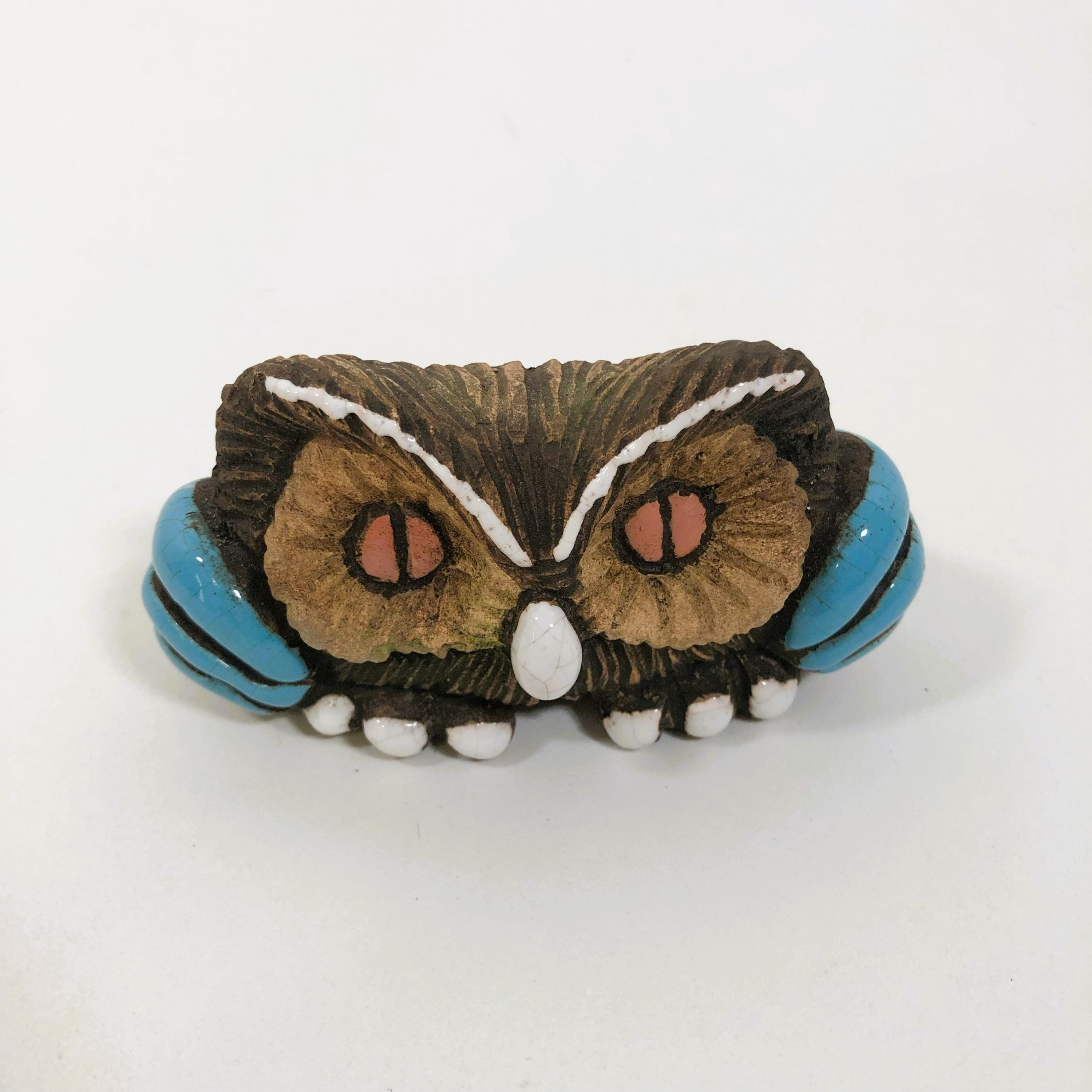 Vintage Artesania Rinconada Small Squat Owl Brown Blue 2" x 3.5"