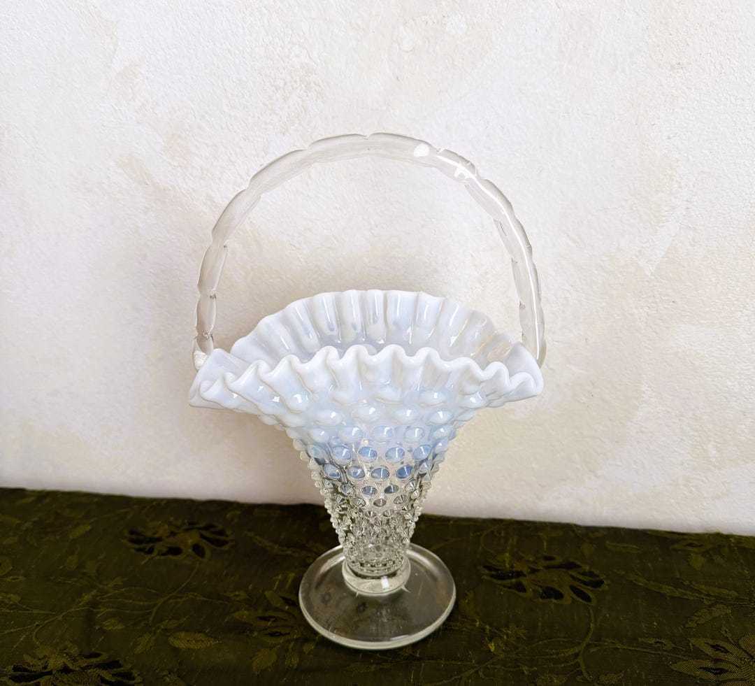 Vintage Fenton French Opalescent Hobnail Glass Basket Ruffled Edge ...