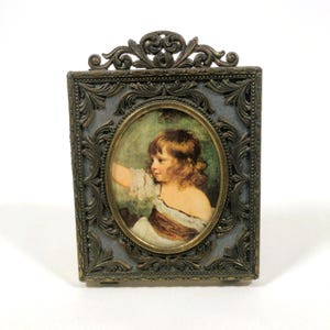 Vintage Italian Antiqued Brass Small Ornate Framed Print of Little Girl Waving or Photo Frame