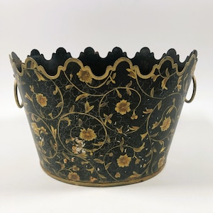 Vintage French Tole Black Gold Floral Oval Planter Cachepot 9.5&quot; x 6.5&quot; READ