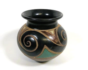 Vintage Handcrafted Pottery Vase Black Brown Turquoise Abstract Swirl Signed 5"