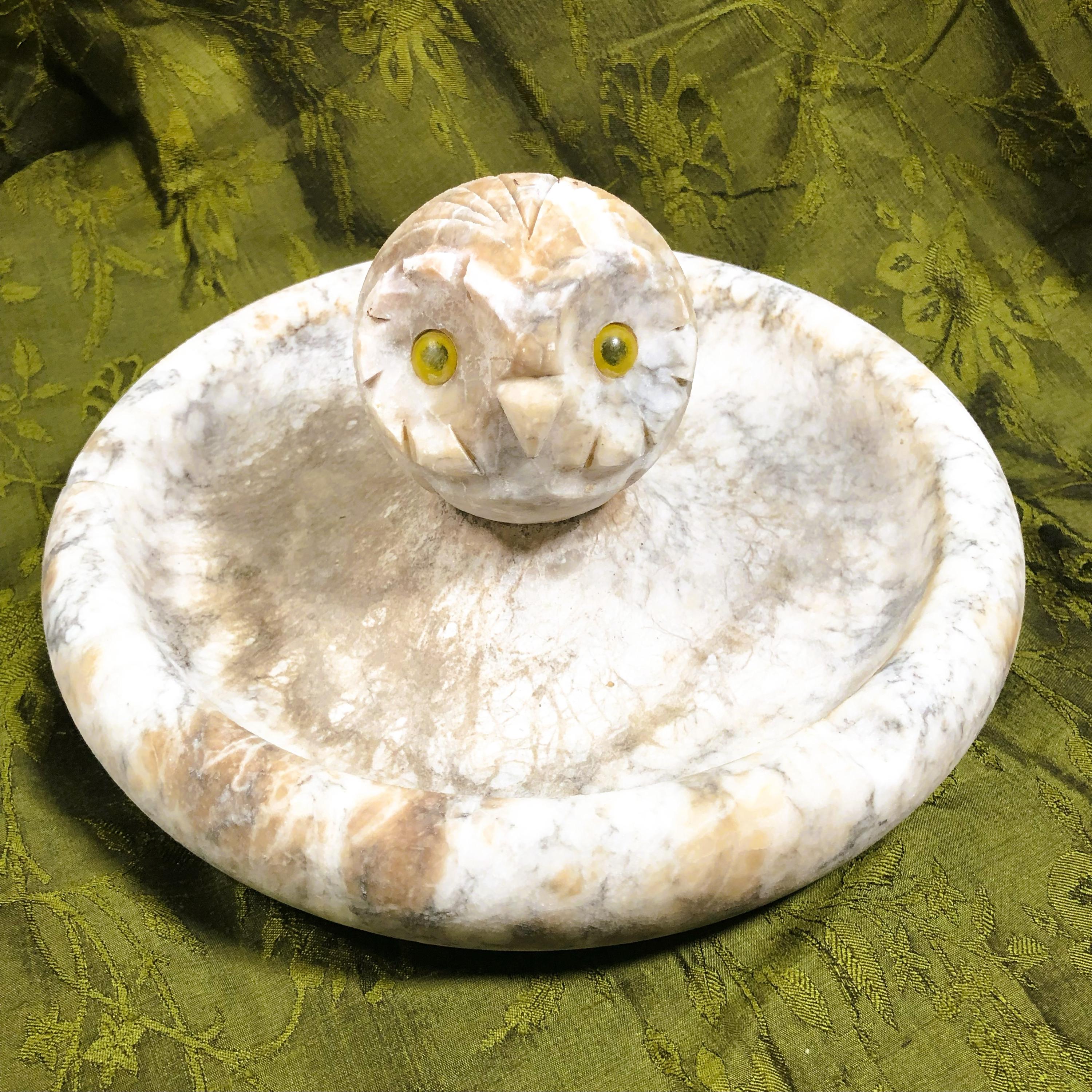 Vintage MCM Large Italian Hand Carved Alabaster Owl Head Ashtray Cigarette Cigar Tobacciana