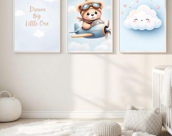 テディベアパイロットアート、水彩画のベビールームデザイン3点セット