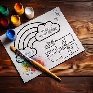 May include: A coloring page with a rainbow, a cloud with the text "Happy Birthday", and a stack of presents. The page is surrounded by paint pots and a paintbrush.