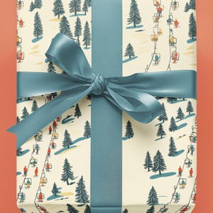 Ski Lift Christmas Wrapping Paper - Festive Winter Skiers on Snowy Mountain Paper