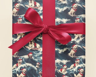 May include: Red ribbon tied around a gift box with a wrapping paper design of dogs wearing Santa hats and surfing on waves.
