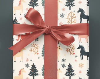 Unicorn Christmas Wrapping Paper - Holiday Kids' Gift Wrap with Colorful Unicorns, Trees and Snowflakes