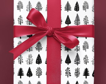 Black and White Tree Christmas Wrapping Paper – Minimalist Holiday Gift Wrap