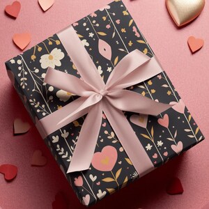Heart and Flower Striped Wrapping Paper - Black Background with Pink Accents - Elegant Valentine&#39;s Day Gift Wrap