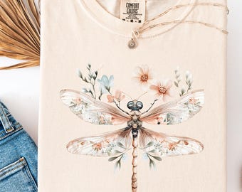 Floral Dragonfly Comfort Colors Shirt, Nature Lover Tee, Botanical T-Shirt, Insect Shirt, Pastel Floral Tee, Vintage Style, Gift for Mom