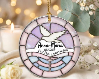 Personalized First Holy Communion Ornament, Faux Stained Glass Girl Keepsake , First communion gifts for girls from godparents, grandparents