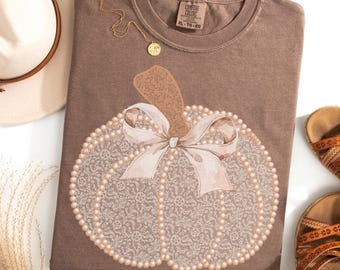 Faux Peals and Lace Pumpkin Shirt | Boho Autumn Tee with lace and Pearls | Retro Fall Graphic Tee for Women | Fall Vibes Tee
