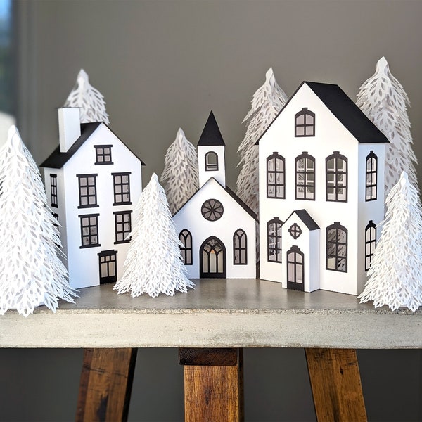Kerstdorp SVG: doe-het-zelfkerk en herenhuizen voor schouwdecoratie en kerstversiering (digitale download)