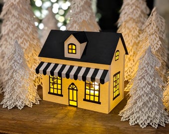 Loja de Doces da Vila de Natal em SVG | Decoração de Natal Iluminada, Modelo de Casa de Papel 3D (Download Digital)
