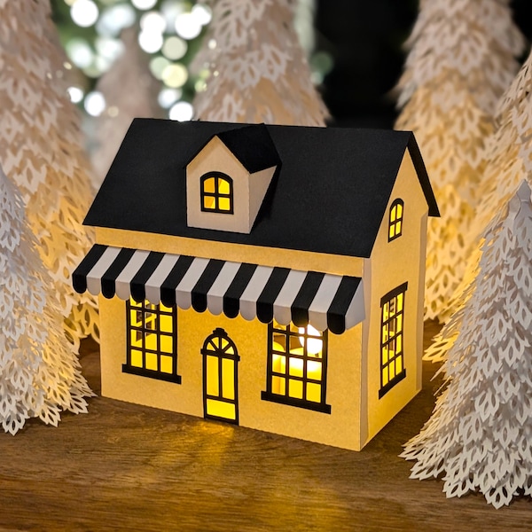 Weihnachtsdorf Candy Shop SVG | Beleuchtetes 3D-Haus aus Papier, Weihnachtsdekor-Gebäude (Digitaler Download)