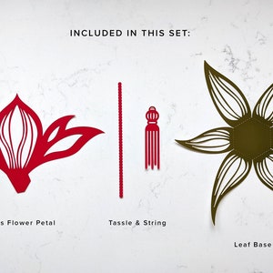 Lotus lantern SVG parts displayed flat, including a red lotus flower petal, red tassel and string, and a gold leaf base for Cricut cutting machines.