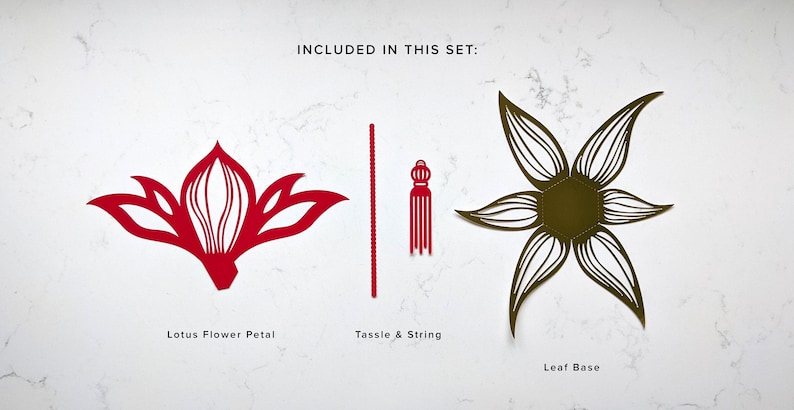 Lotus lantern SVG parts displayed flat, including a red lotus flower petal, red tassel and string, and a gold leaf base for Cricut cutting machines.