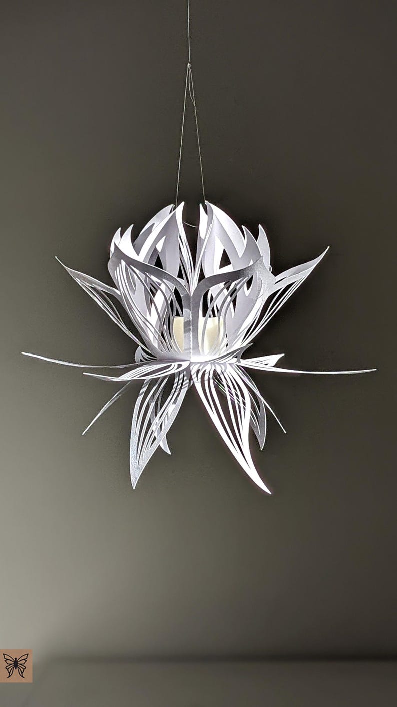 White paper lotus lantern hanging with LED candle light, delicate layered flower decor