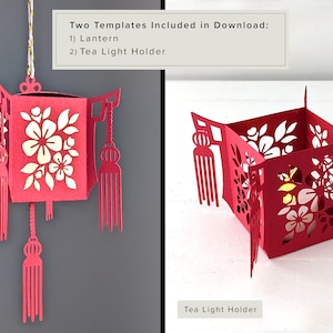 Side-by-side view showing a hanging red paper Chinese lantern and a matching tabletop tea light holder with floral cutouts, both made from SVG templates included in the digital download.