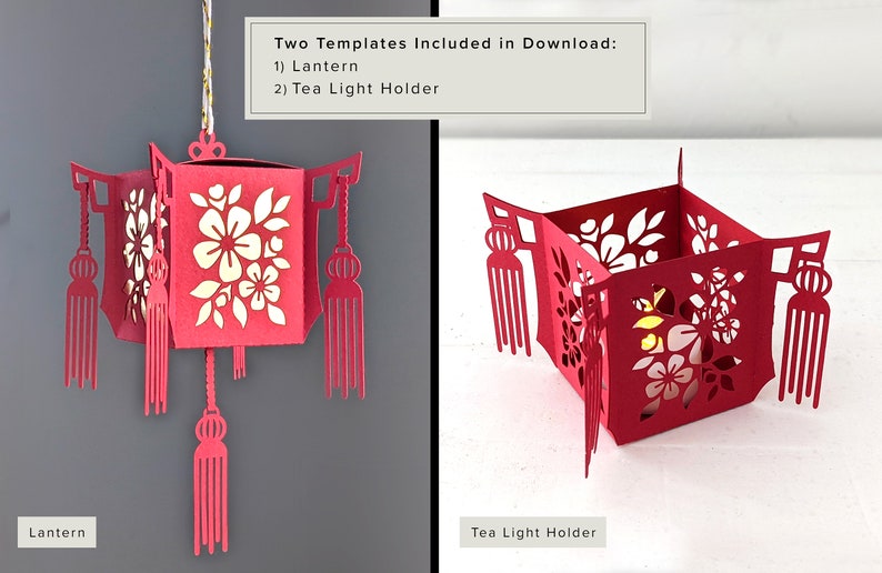 Side-by-side view showing a hanging red paper Chinese lantern and a matching tabletop tea light holder with floral cutouts, both made from SVG templates included in the digital download.