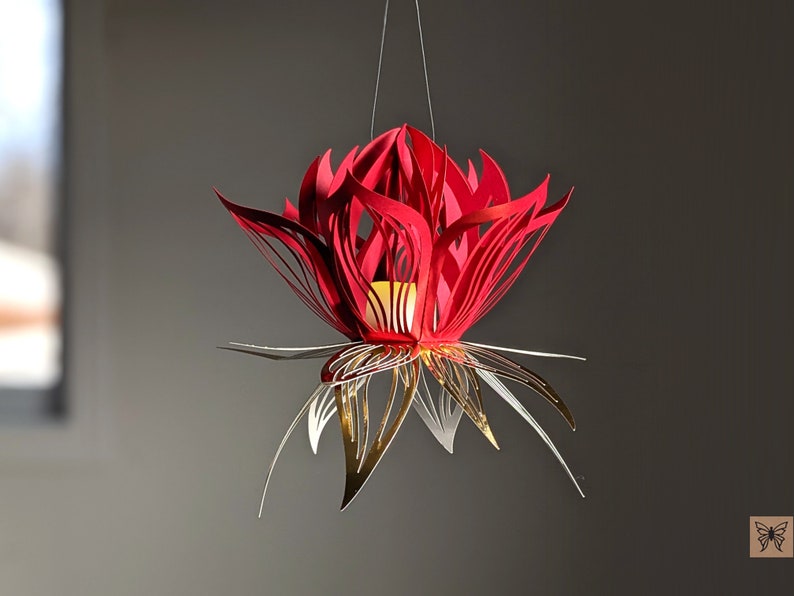 Chinese red lotus lantern for festival of lightsRed paper lotus lantern with gold base, hanging flower light decor