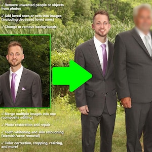 Könnte beinhalten: Ein Fotobearbeitungsservice, der unerwünschte Personen oder Objekte aus Fotos entfernen, geliebte Menschen oder Haustiere zu Bildern hinzufügen, Hintergründe ändern oder entfernen, mehrere Bilder zu einem zusammenfügen, Fotos restaurieren und reparieren, Zähne aufhellen und Haut retuschieren sowie Farben korrigieren, zuschneiden, in der Größe ändern und vieles mehr kann.