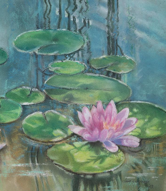 Framed Pink Water Lily Pastel Painting: Ready to Hang Wall Art