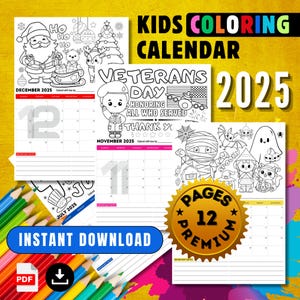 Calendrier 2025 à colorier pour enfants : pages mensuelles à thème (téléchargement numérique)