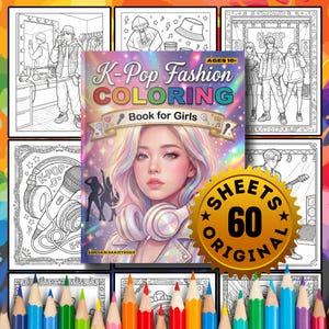 May include: A K-Pop Fashion Colouring Book for Girls, featuring a portrait of a woman with colourful hair and headphones. The cover art is surrounded by black and white illustrations of K-Pop themed images. The book has 60 original sheets.