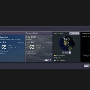 May include: A digital dashboard titled small world displaying moon phases, weather for Olympia and Lily Dale, an Earth rotation globe with location markers, and a planet orbits diagram. The interface features dark grey panels with white text.