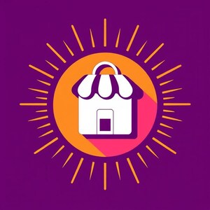 Könnte beinhalten: Weißes Shop-Symbol mit gestreifter Markise und Griff, vor einem orangefarbenen Kreis und einem lila Hintergrund. Der orangefarbene Kreis ist von gelben Sonnenstrahlen umgeben, was ein lebendiges Design ergibt.