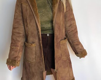 90-tals vintage afghansk mocka fårskinnskappa: Penny Lane Boho vinteröverrock