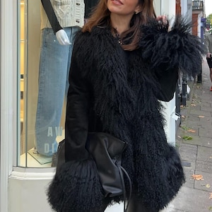 Women Black Suede Penny Lane Coat, Boho Afghan Shearling Coat, Vintage 80s Mongolian Fur Trim Long Coat, Retro Winter Gift for Her
