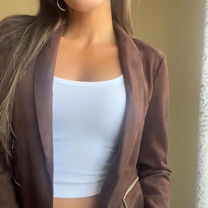 Women&#39;s Brown Suede Leather Blazer – Vintage 70s Style Western Style Formal Blazer | Genuine Suede Outerwear, Elegant Gift for Her